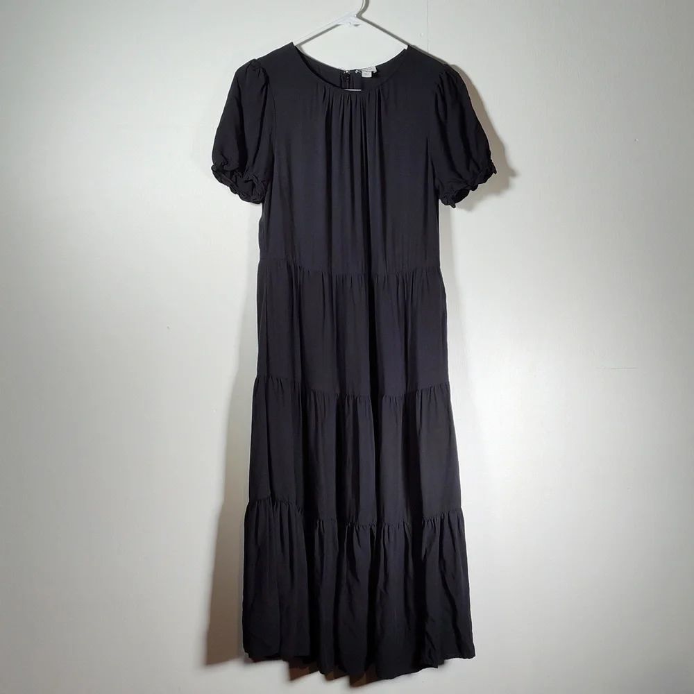 J. Crew Puff-Sleeve Tiered Midi Dress Black S - Picture 3 of 11